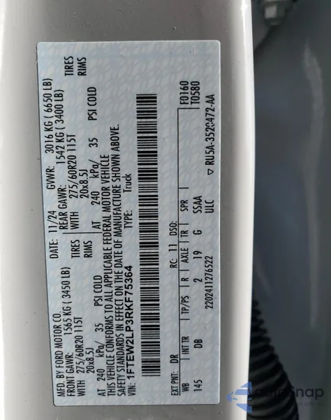 2024 Ford F150 Stx из США, поврежденный, VIN 1FTEW2LP3RKF75364